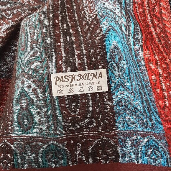 Blue & Red Striped Pashmina Shoulder Wrap with Silver Accents Pashmina & Silk - Picture 8 of 8